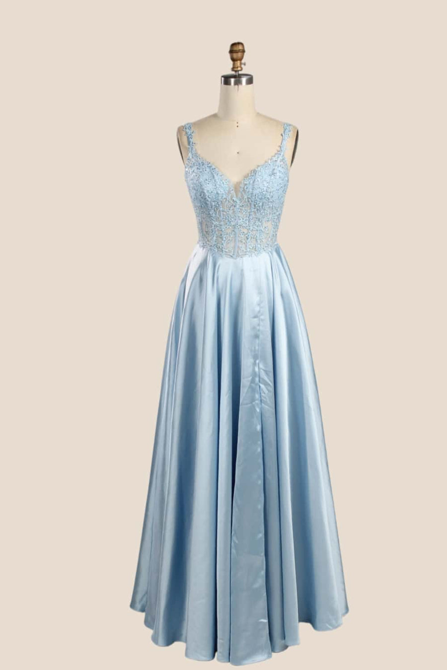 Sage Green Appliques Satin A-line Prom Gown