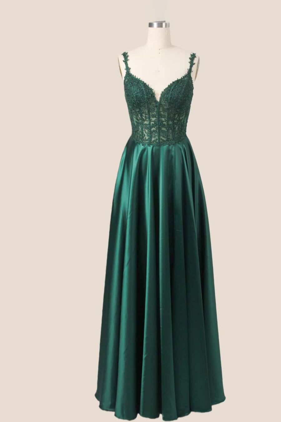Sage Green Appliques Satin A-line Prom Gown