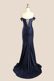 Off the Shoulder Navy Blue Satin Mermaid Formal Dress