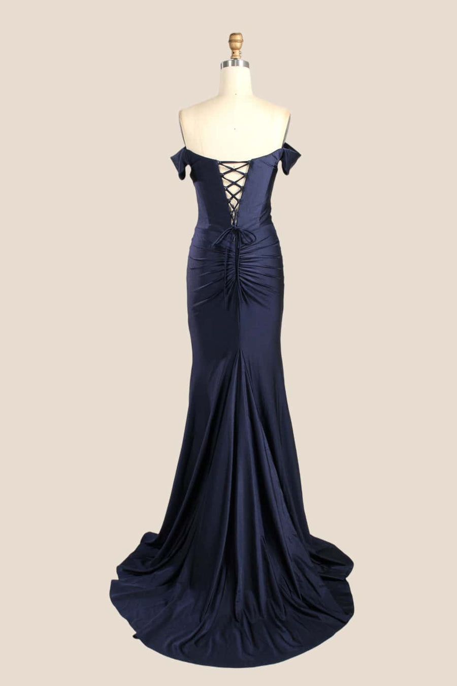 Off the Shoulder Navy Blue Satin Mermaid Formal Dress