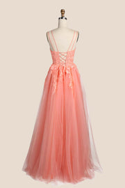 Peach Appliques A-line Long Formal Gown