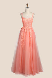 Peach Appliques A-line Long Formal Gown
