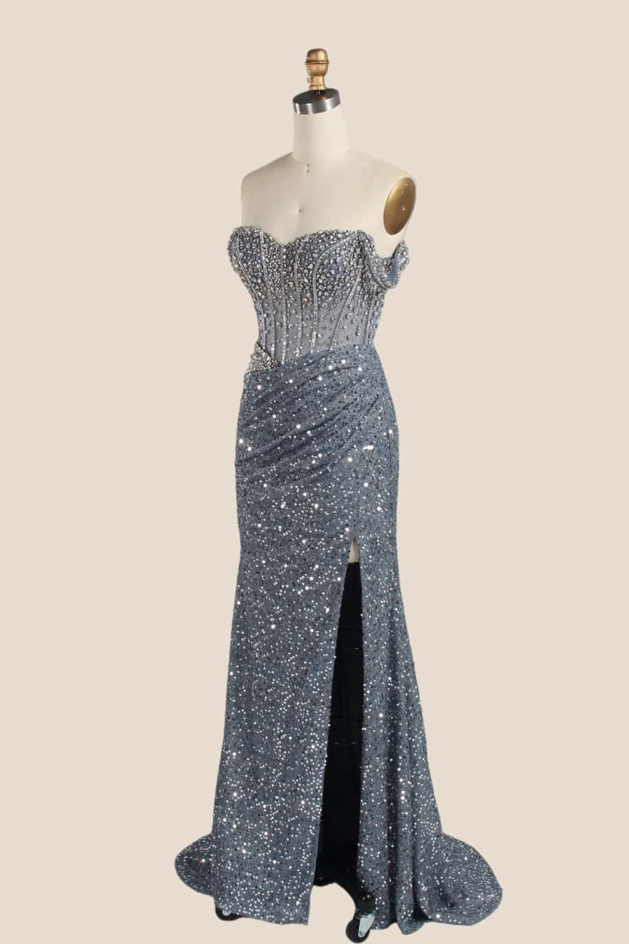 Grey Rhinestions Off the Shoulder Sequin Mermaid Formal Dress