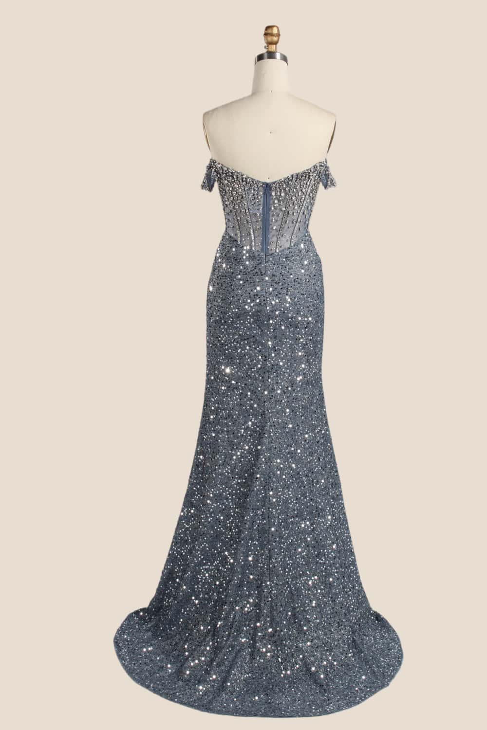 Grey Rhinestions Off the Shoulder Sequin Mermaid Formal Dress