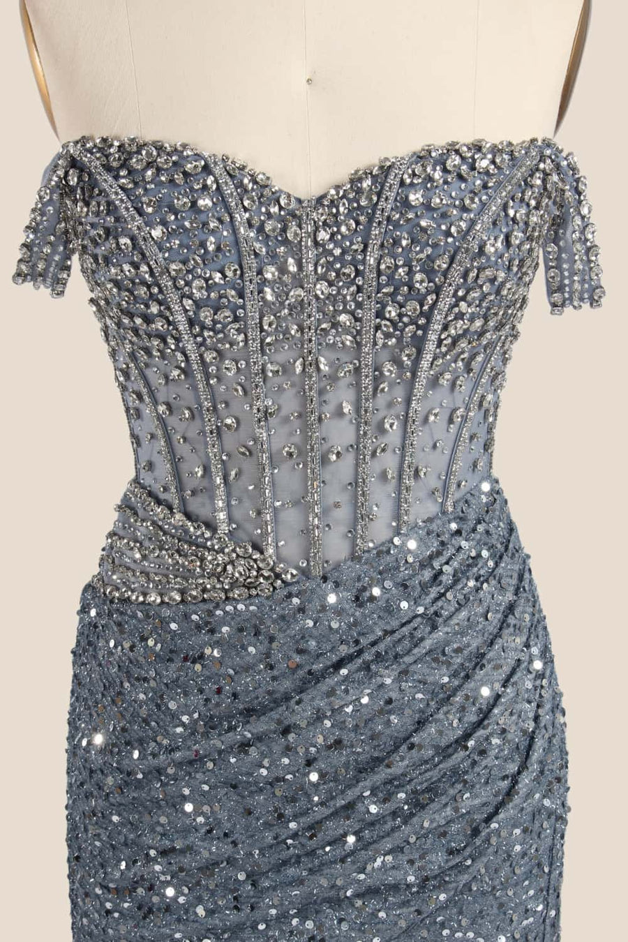Grey Rhinestions Off the Shoulder Sequin Mermaid Formal Dress
