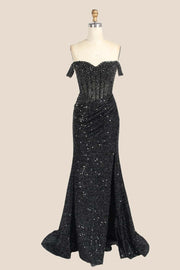 Grey Rhinestions Off the Shoulder Sequin Mermaid Formal Dress