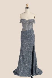 Grey Rhinestions Off the Shoulder Sequin Mermaid Formal Dress