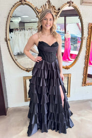 Red Appliques Satin Ruffle A-line Gown