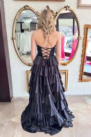 Red Appliques Satin Ruffle A-line Gown
