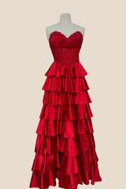 Red Appliques Satin Ruffle A-line Gown