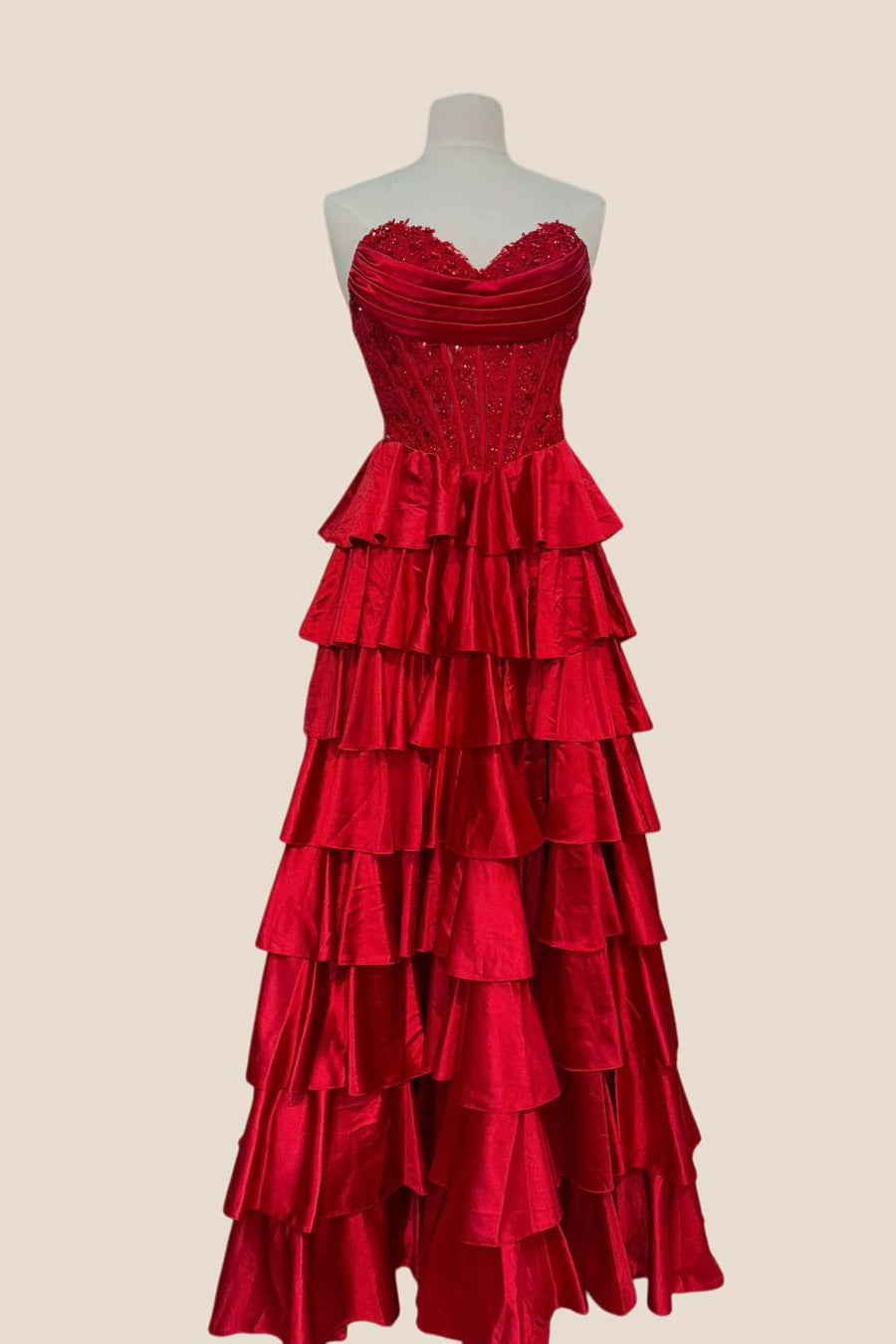 Red Appliques Satin Ruffle A-line Gown