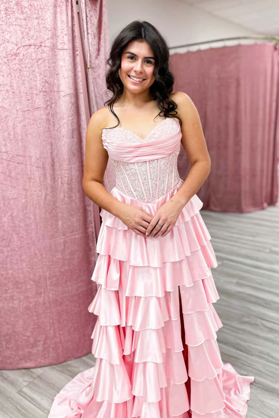 Red Appliques Satin Ruffle A-line Gown