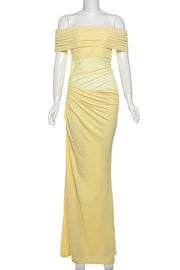 Off the Shoulder Yellow Ruched Cutouts Fitted Long Dress