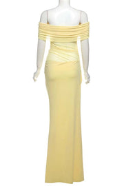 Off the Shoulder Yellow Ruched Cutouts Fitted Long Dress