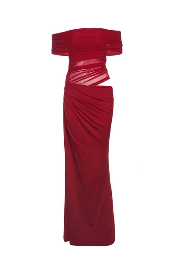 Off the Shoulder Yellow Ruched Cutouts Fitted Long Dress