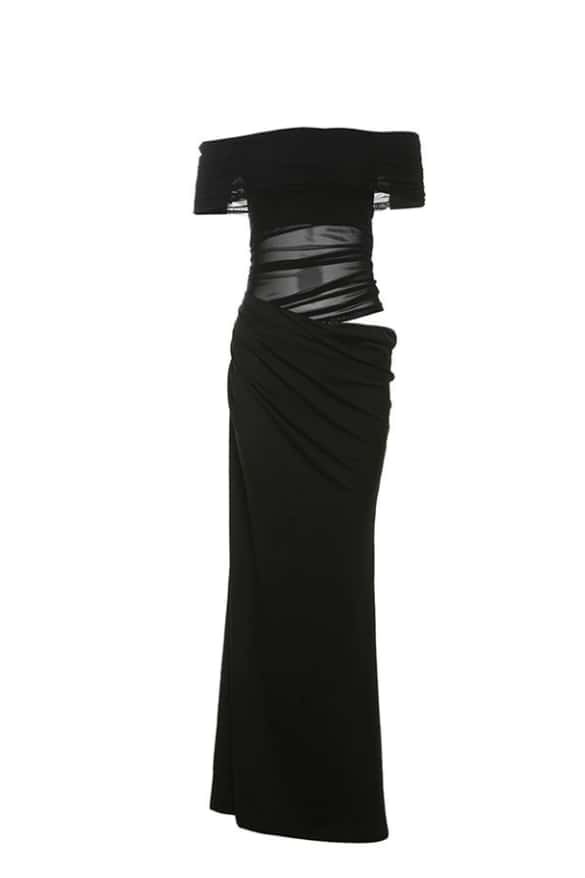 Off the Shoulder Yellow Ruched Cutouts Fitted Long Dress