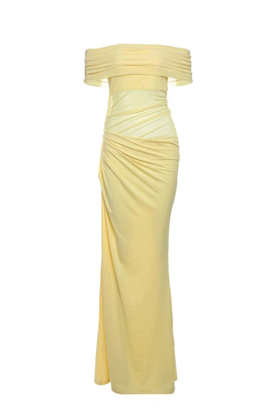 Off the Shoulder Yellow Ruched Cutouts Fitted Long Dress
