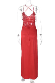Simply Red Straps Soft Satin Fitted Slit Dress