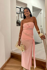 Twist Pink Strapless Tight Long Dress