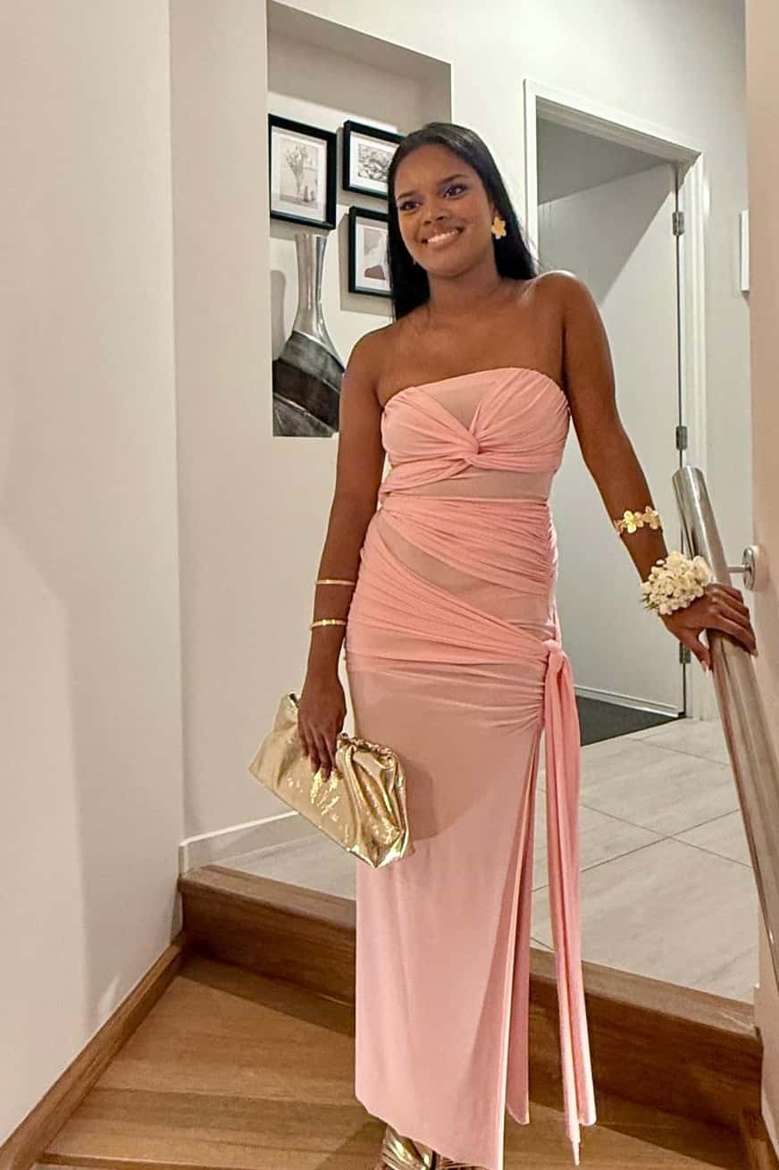Twist Pink Strapless Tight Long Dress