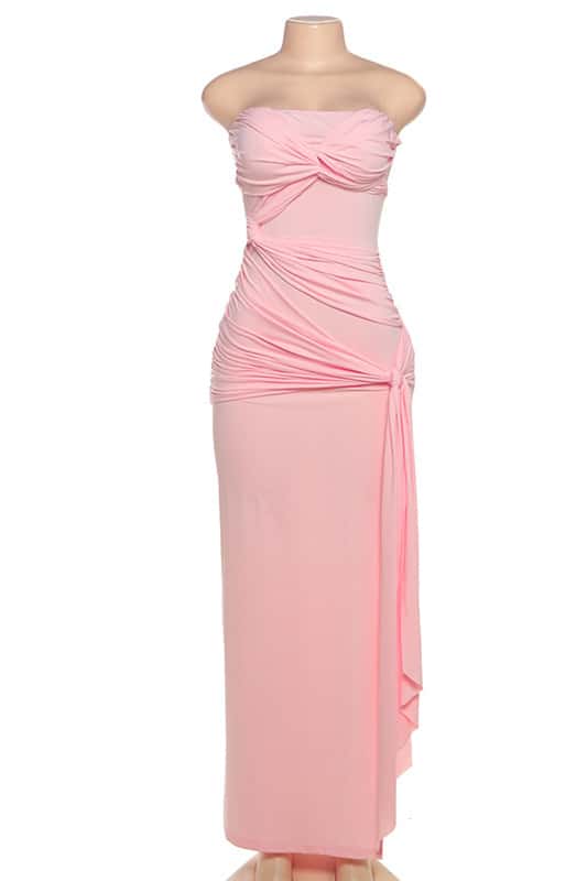 Twist Pink Strapless Tight Long Dress