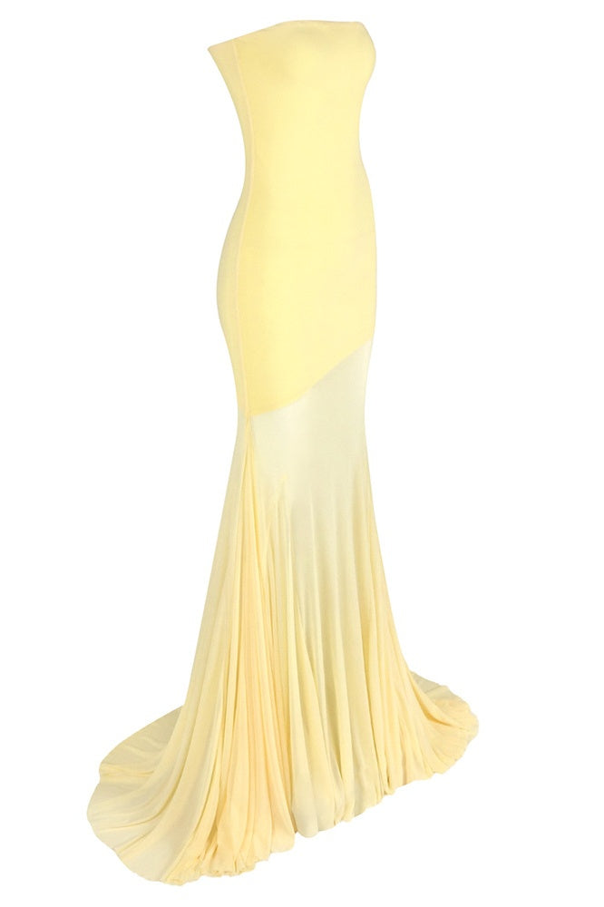Strapless Yellow Mesh Mermaid Long Dress