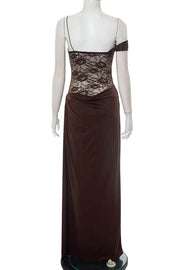 One Shoulder Brown Sheer Lace Ruched Long Dress