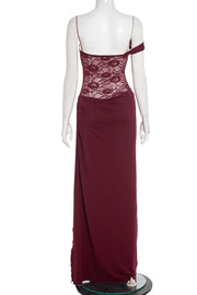 One Shoulder Brown Sheer Lace Ruched Long Dress