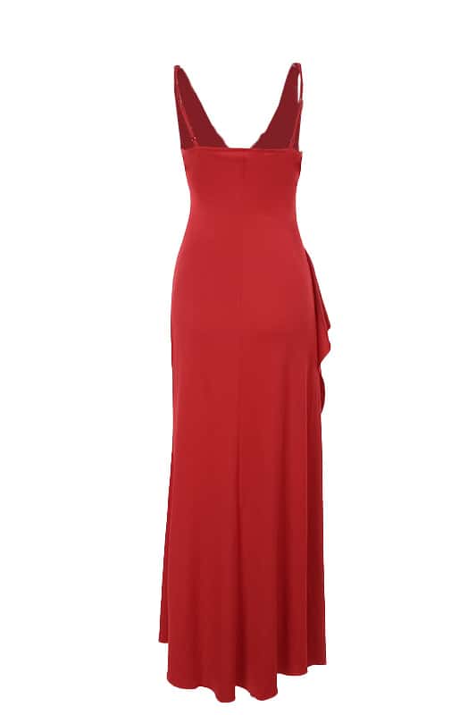 V Neck Red Fitted Frill Long Party Dress