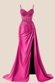 Beaded Navy Blue Satin Ruched Long Prom Drrss