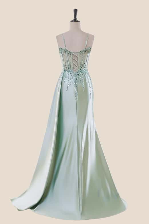 Beaded Navy Blue Satin Ruched Long Prom Drrss