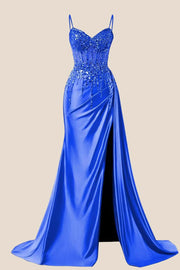 Beaded Navy Blue Satin Ruched Long Prom Drrss