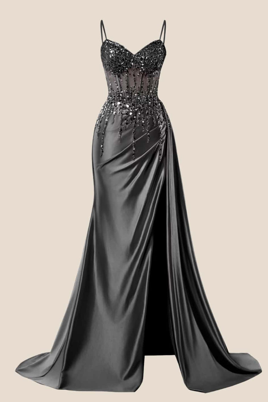 Beaded Navy Blue Satin Ruched Long Prom Dress Ohmollydress Beaded Navy Blue Satin Ruched Long Prom Dress Ohmollydress