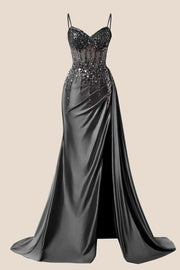 Beaded Navy Blue Satin Ruched Long Prom Drrss
