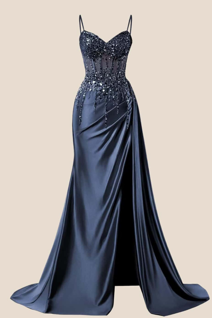 Beaded Navy Blue Satin Ruched Long Prom Dress – Ohmollydress