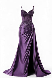 Beaded Purple Satin Ruched Long Prom Dress