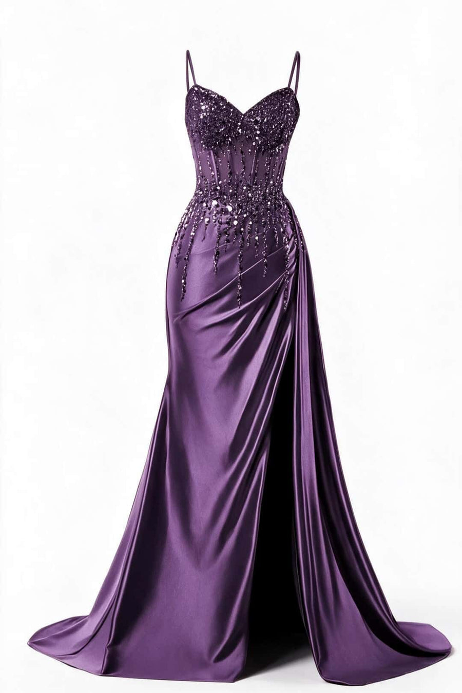 Beaded Purple Satin Ruched Long Prom Dress