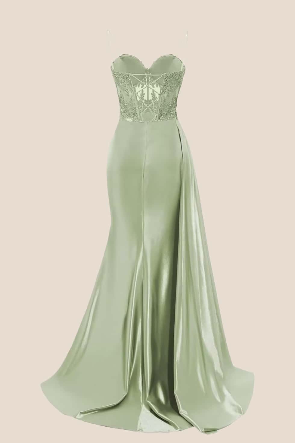 Sage Sheer Appliques Satin Long Prom Dress with Train