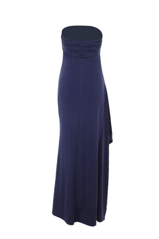 Strapless Navy Blue Pleated Long Dress with Slit