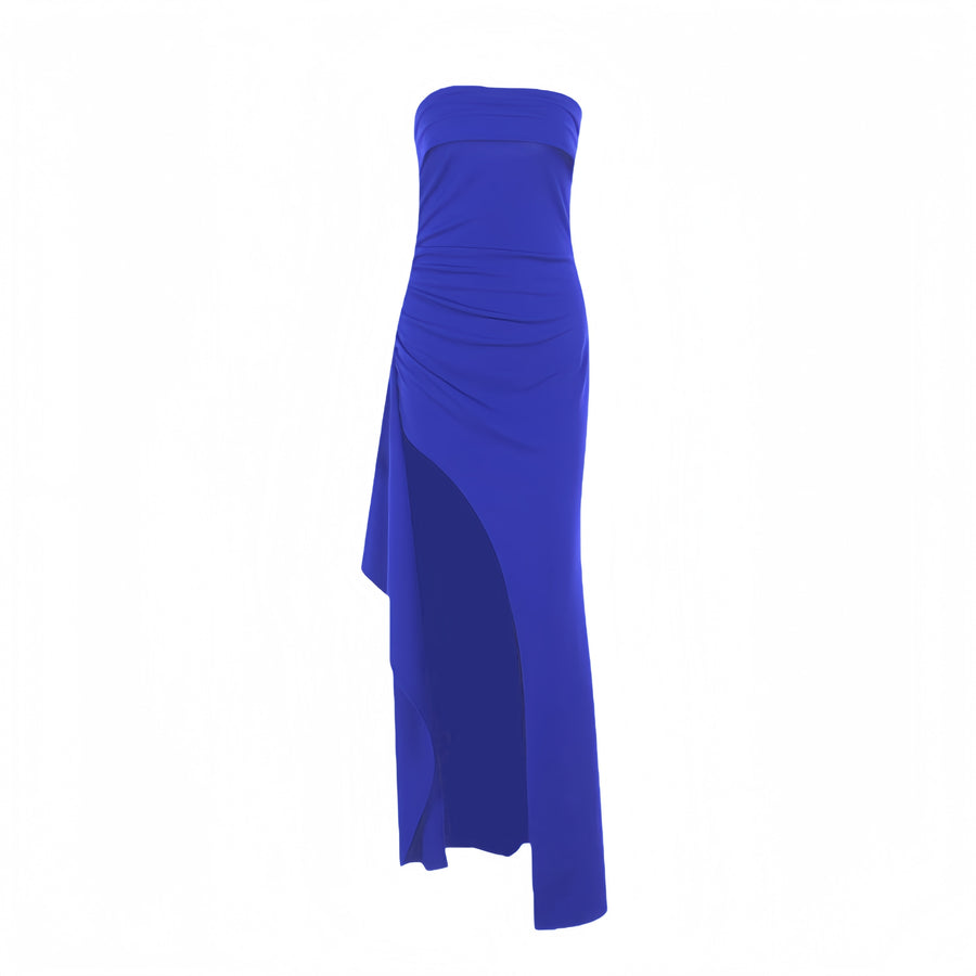Strapless Navy Blue Pleated Long Dress with Slit Ohmollydress Strapless Navy Blue Pleated Long Dress with Slit Ohmollydress