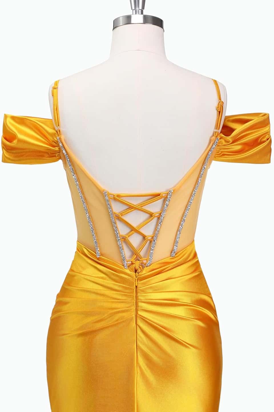 Off the Shoulder Yellow Beaded Ruched Long Dress