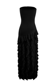 Black Strapless Ruffle Slit Long Dress