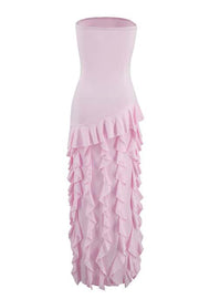 Pink Strapless Ruffle Slit Long Dress