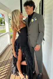 Black Strapless Ruffle Slit Long Dress