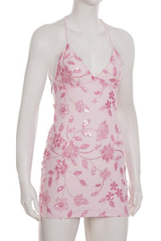 Pink V-Neck Sequin Embroidery Mini Dress