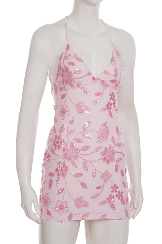 Pink V-Neck Sequin Embroidery Mini Dress