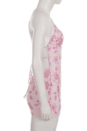 Pink V-Neck Sequin Embroidery Mini Dress