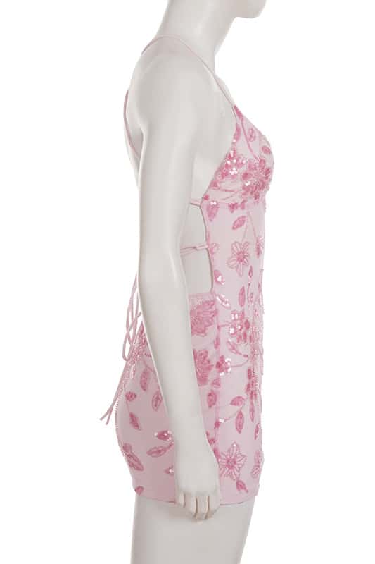 Pink V-Neck Sequin Embroidery Mini Dress