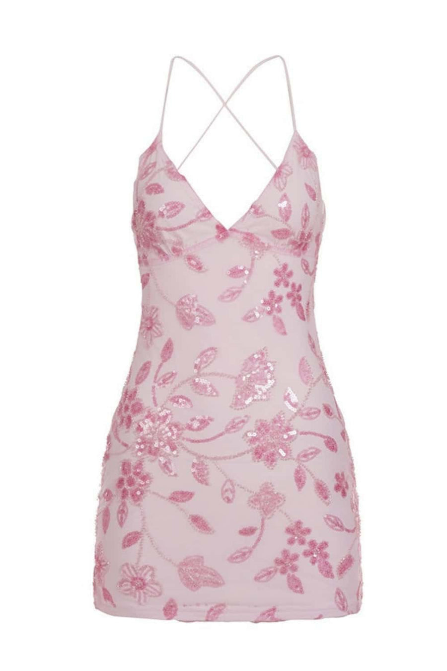 Pink V-Neck Sequin Embroidery Mini Dress