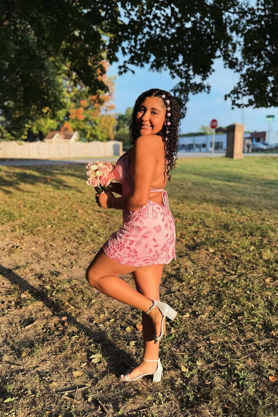 Pink V-Neck Sequin Embroidery Mini Dress